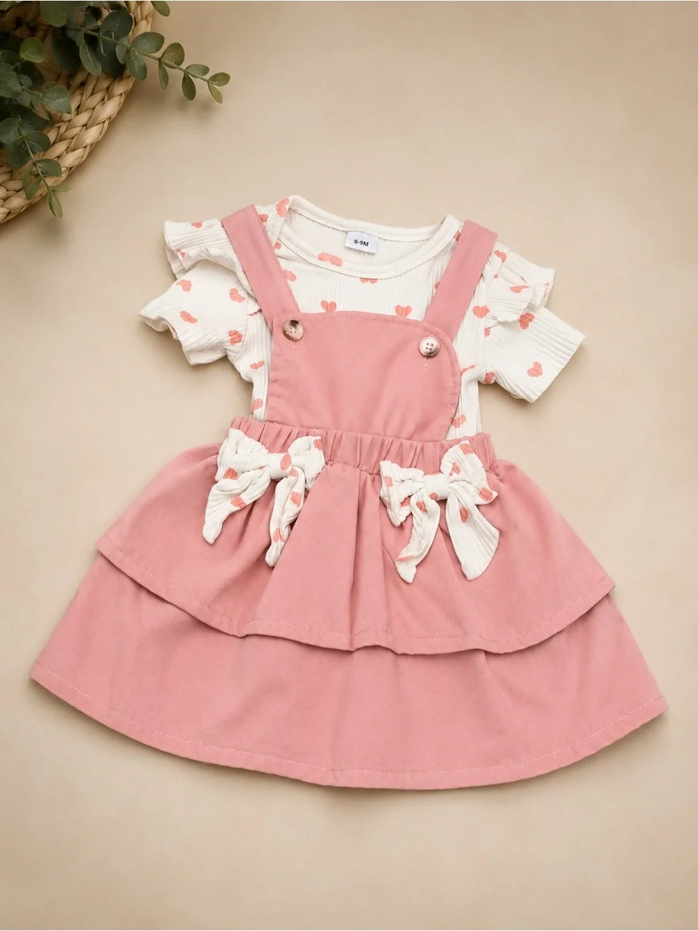 Pink Suspender Dress with Heart Tee Set